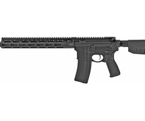 Black rifle with rail system and adjustable stock