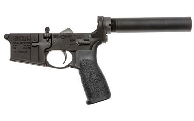 Close-up of a firearm with suppressor