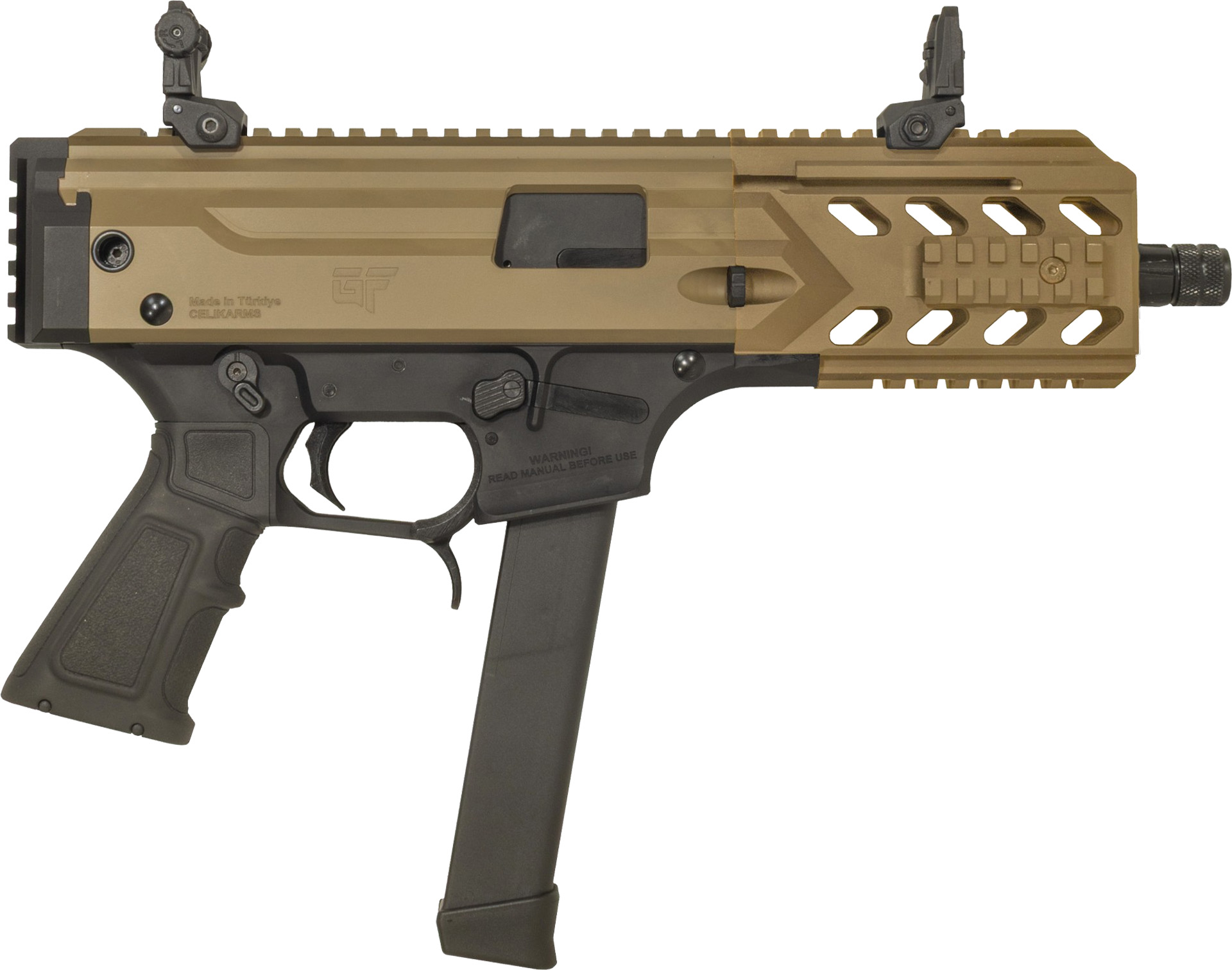 Side view of a tan firearm with accessories.
