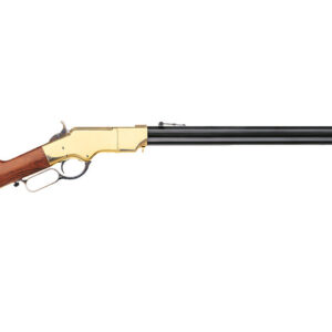 A vintage-style lever-action rifle on display.