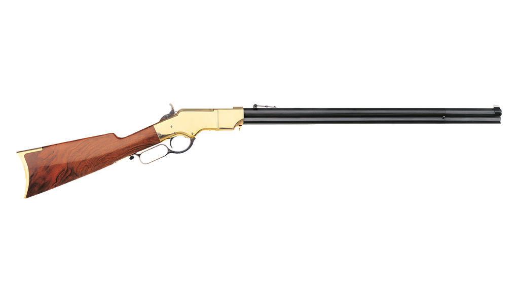 A vintage-style lever-action rifle on display.