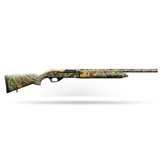 Camo-patterned shotgun on a white background