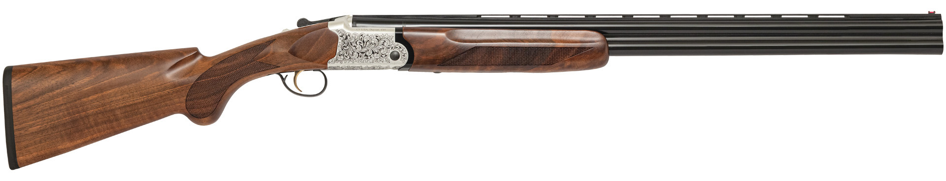 Side view of a double-barrel shotgun.