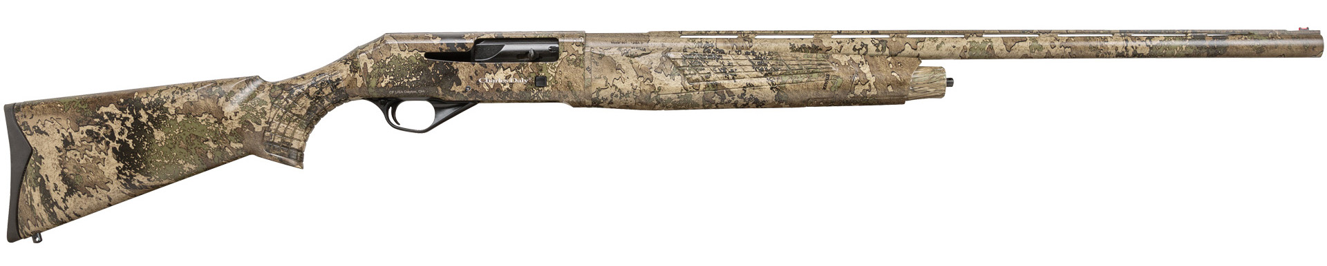 Camouflaged shotgun with intricate design.