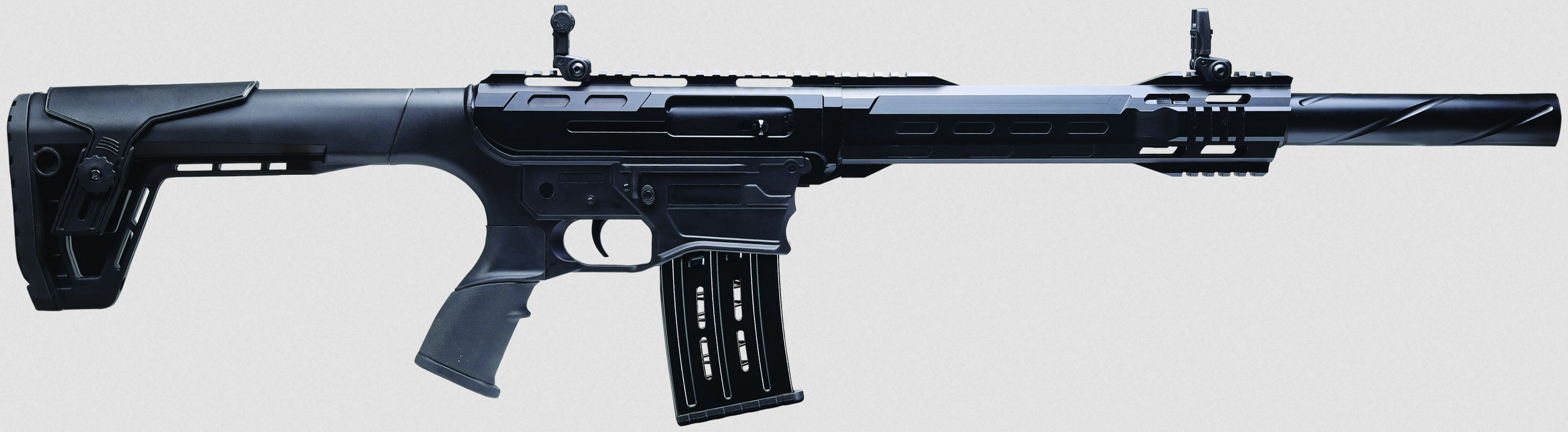 Side view of a modern rifle with black finish.