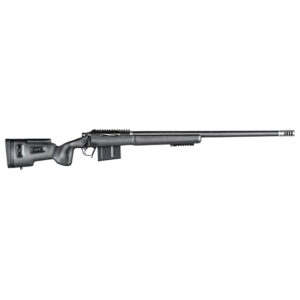 Side view of a sleek black rifle