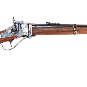 Wooden rifle with metal components and long barrel.
