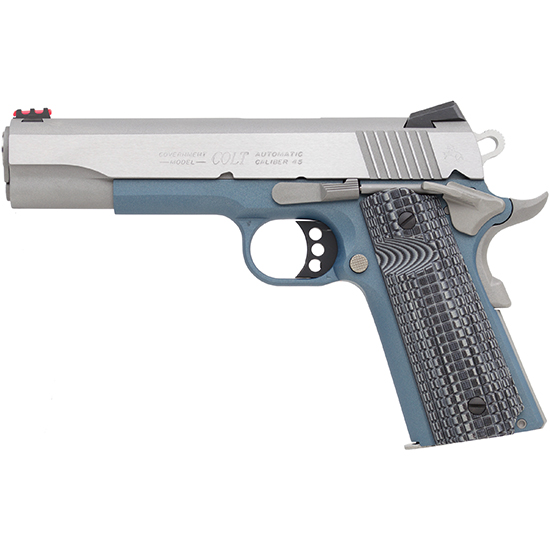 Colt Model 1911 semi-automatic handgun with blue grips.