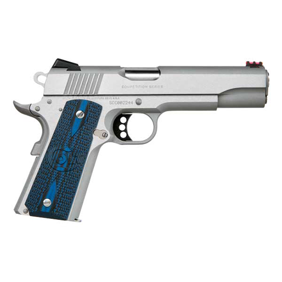 Stainless steel competition handgun with blue grip.