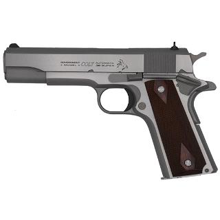 Gray Colt semi-automatic pistol with wooden grip