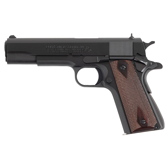 Black handgun with a wooden grip