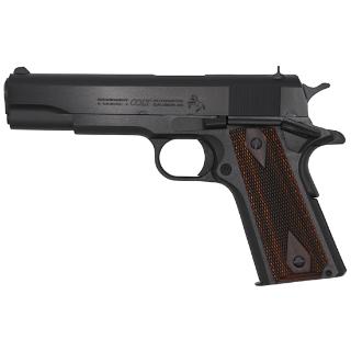 Black semi-automatic pistol with wooden grip.