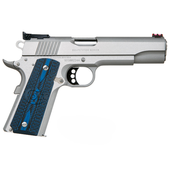 Competition series silver pistol with blue grips.
