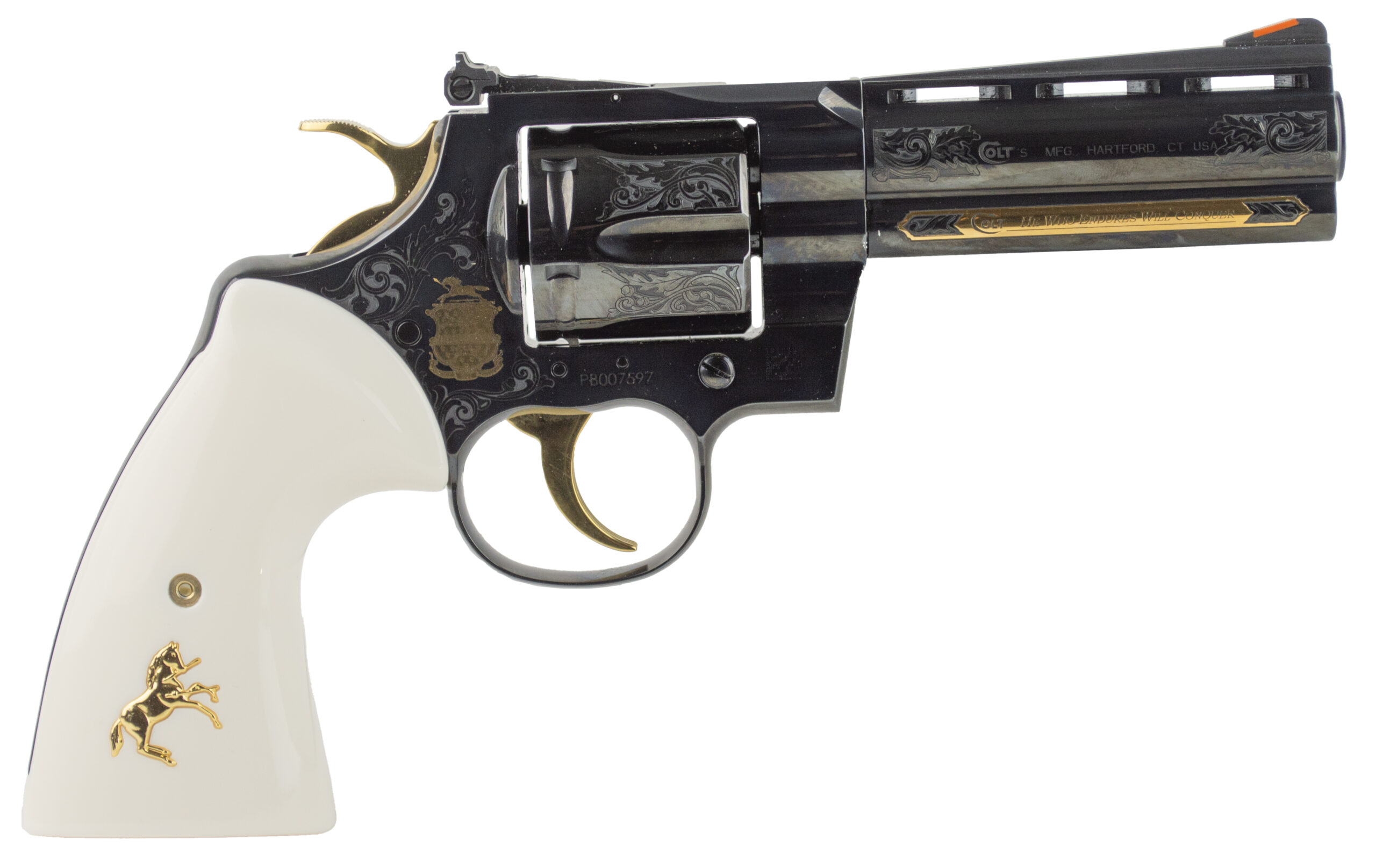 Decorative Colt handgun with white grip and engravings.