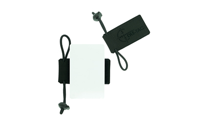 Black tag and white card with elastic closure