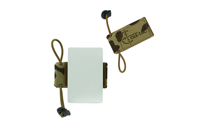 Camo-patterned holder with white card.