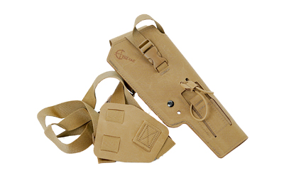 Tan leather holster with adjustable straps.