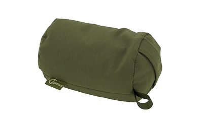 Olive green, rounded travel pillow for outdoor use.