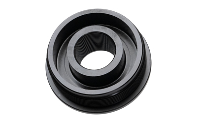 Black threaded mechanical component, circular shape.