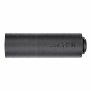 Black cylindrical suppressor for firearms.