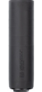 Black firearm suppressor for noise reduction.