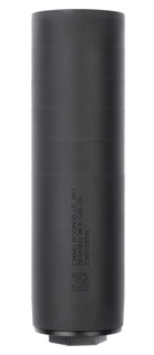 Black firearm suppressor for noise reduction.