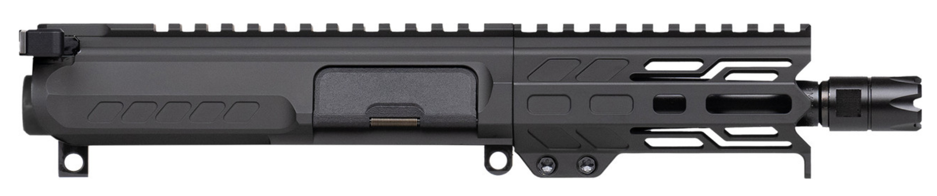 Profile view of a black firearm upper receiver.