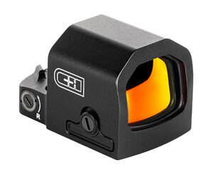 Black reflex sight with orange lens.