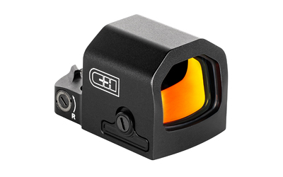 Black reflex sight with orange lens.