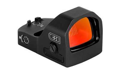 Black reflex sight with red lens.