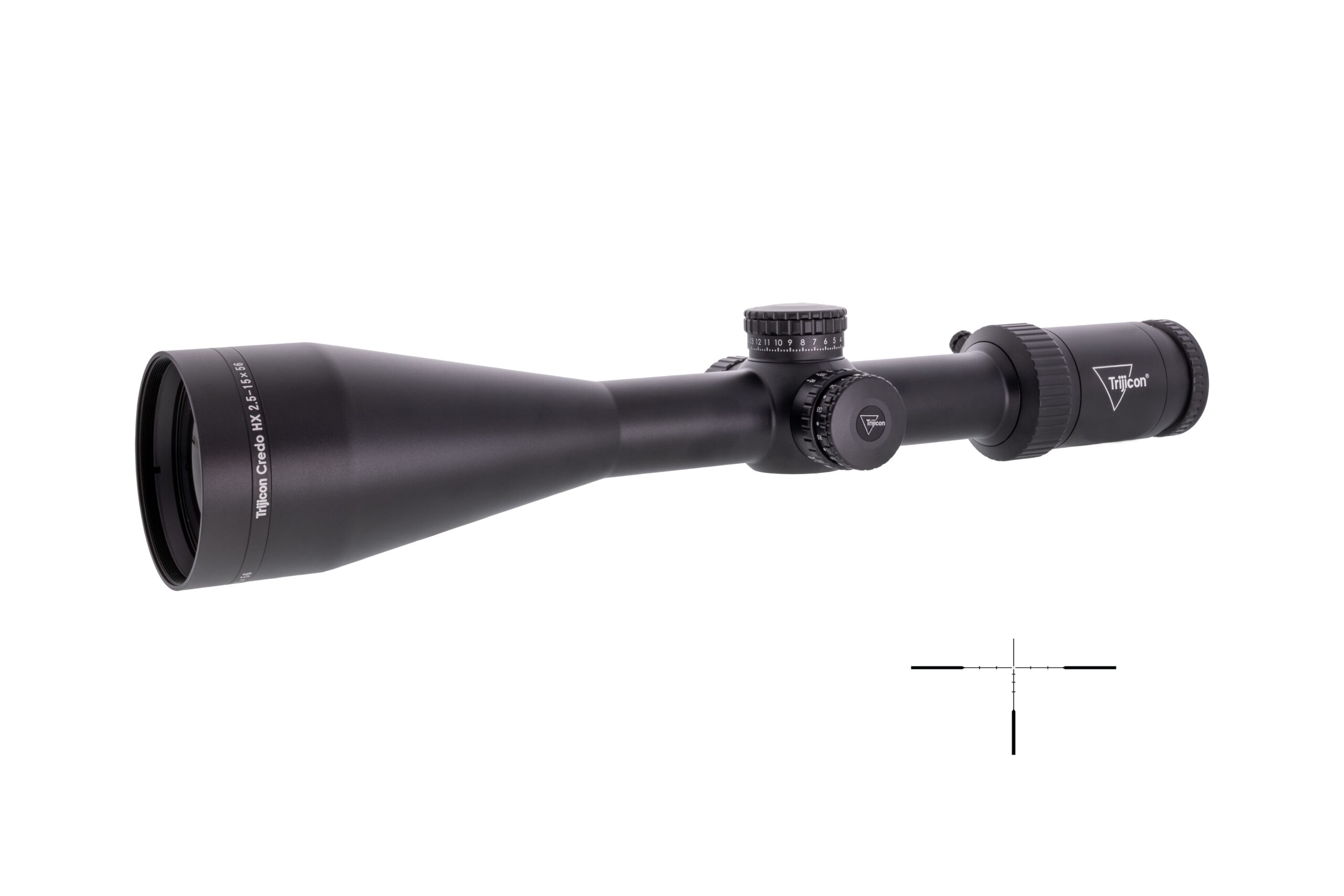 Trijicon riflescope with adjustable magnification and crosshair.