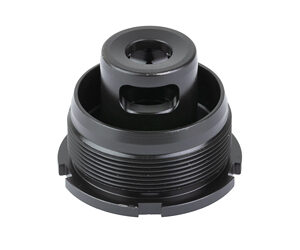 Black metal component with threaded base.