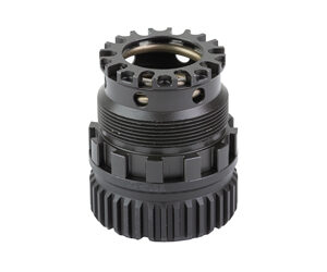 Black tactical accessory with threaded mount.