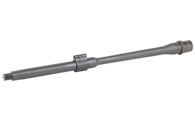 Gray firearm barrel with mounting system.