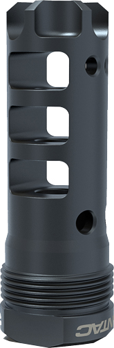 Black firearm muzzle device with ventilation slots.