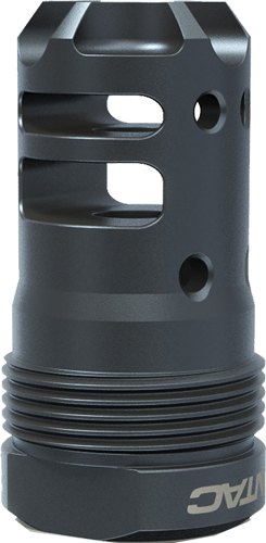 Close-up of a black muzzle device.