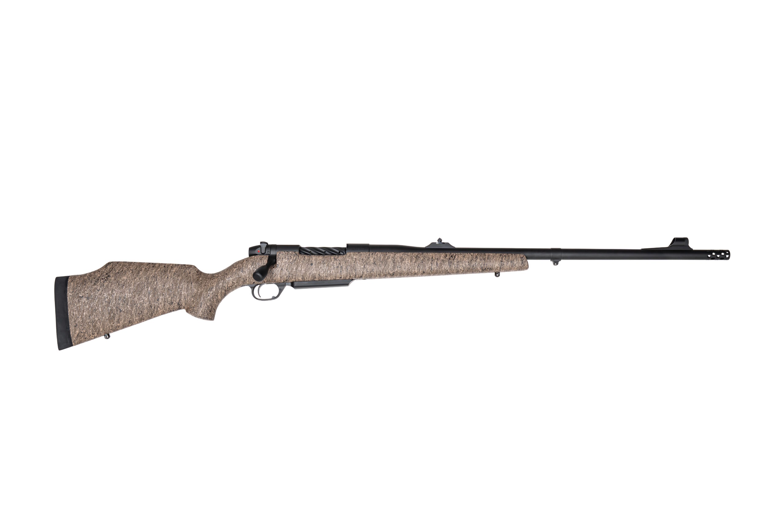 Side view of a modern hunting rifle.