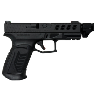 Black semi-automatic handgun with modern design.