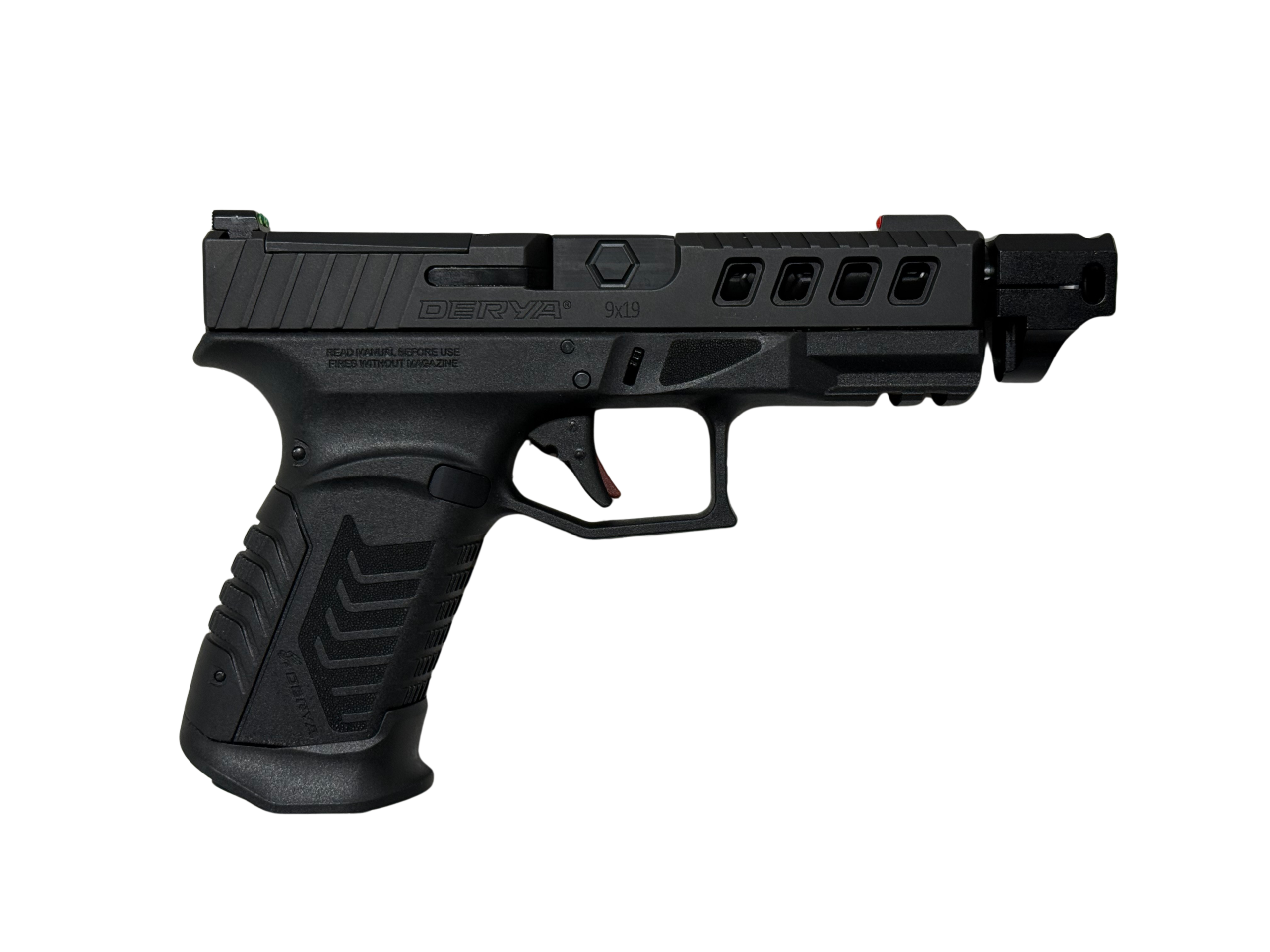 Black semi-automatic handgun with modern design.