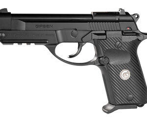 Black semi-automatic pistol on white background.