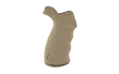 Textured beige firearm grip for improved handling.