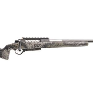Side view of a camouflage hunting rifle.