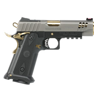 Side view of a sleek silver and black handgun.