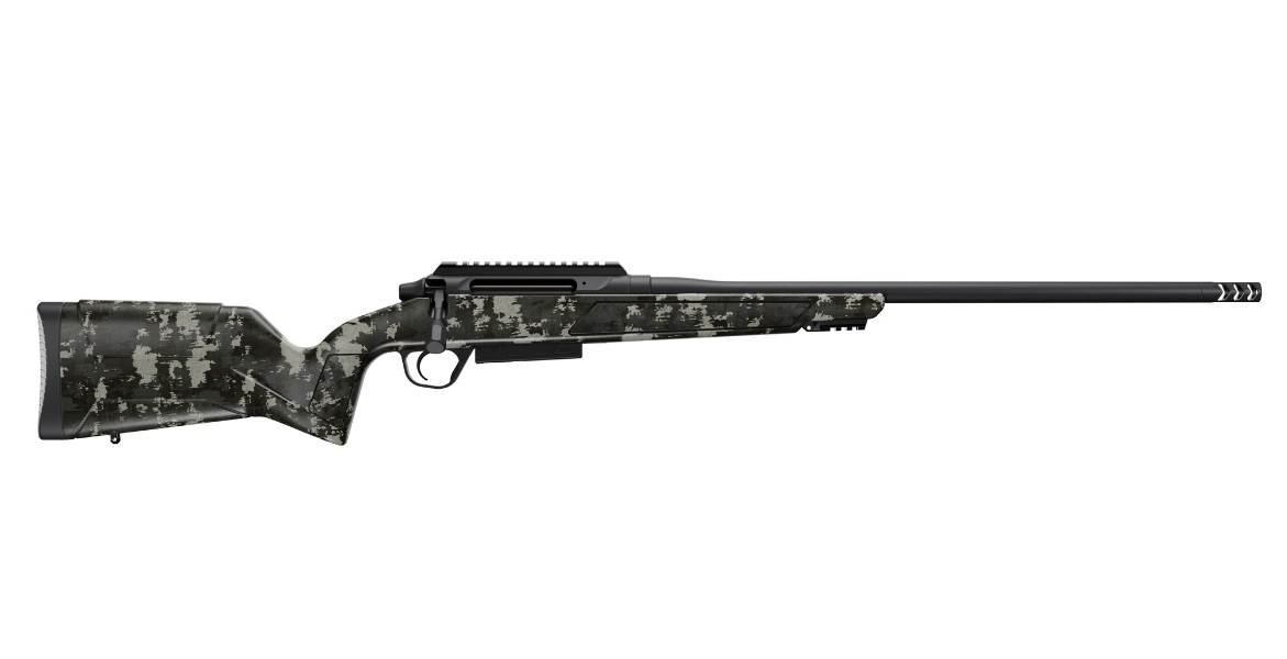 Side view of a modern hunting rifle.