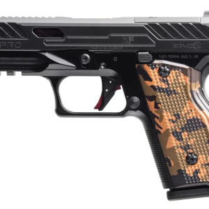 Black handgun with a camouflage grip design.