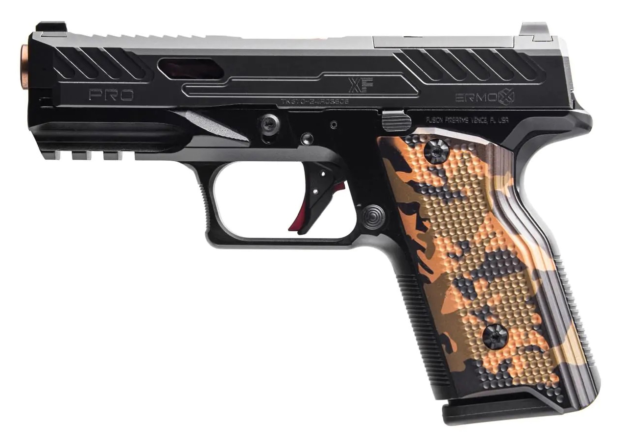Black handgun with a camouflage grip design.