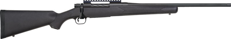 Side view of a black hunting rifle.