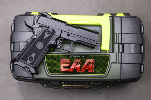 Handgun on a protective storage case.