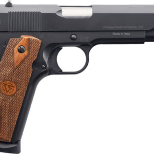 Handgun with wooden grips and metal finish.