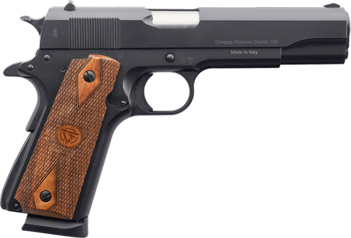Handgun with wooden grips and metal finish.